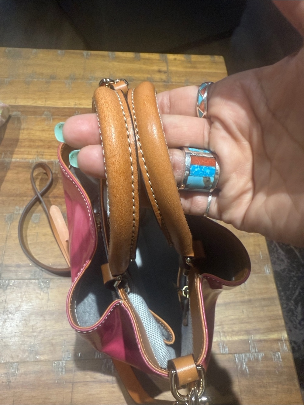 Dooney & Bourke Pink-Red Patent Satchel with Tan Trim - Picture 10 of 10